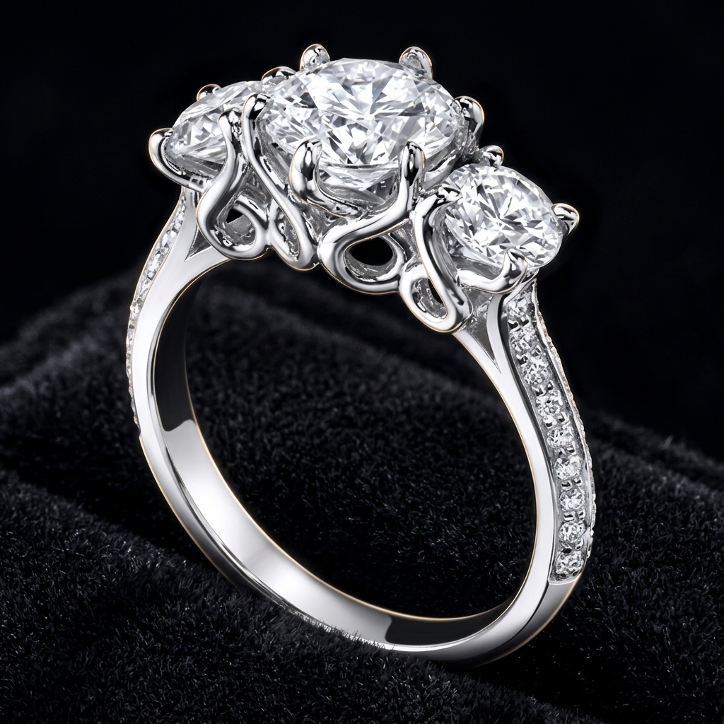 The Triveni Trilogy — three-stone round brilliant diamond ring with pavé shoulders, platinum
