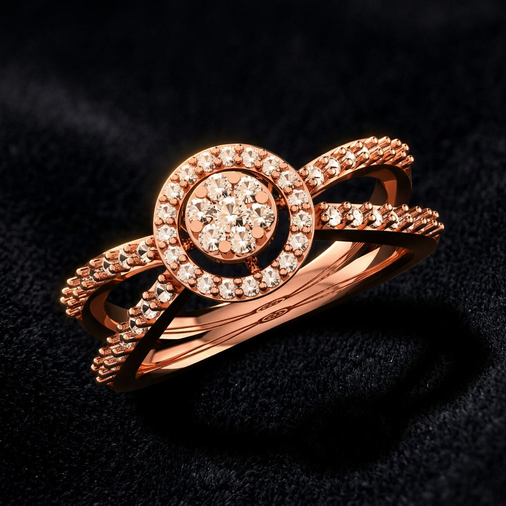 The Bandhini Cross — diamond cluster ring in crossover pavé band, 18kt rose gold