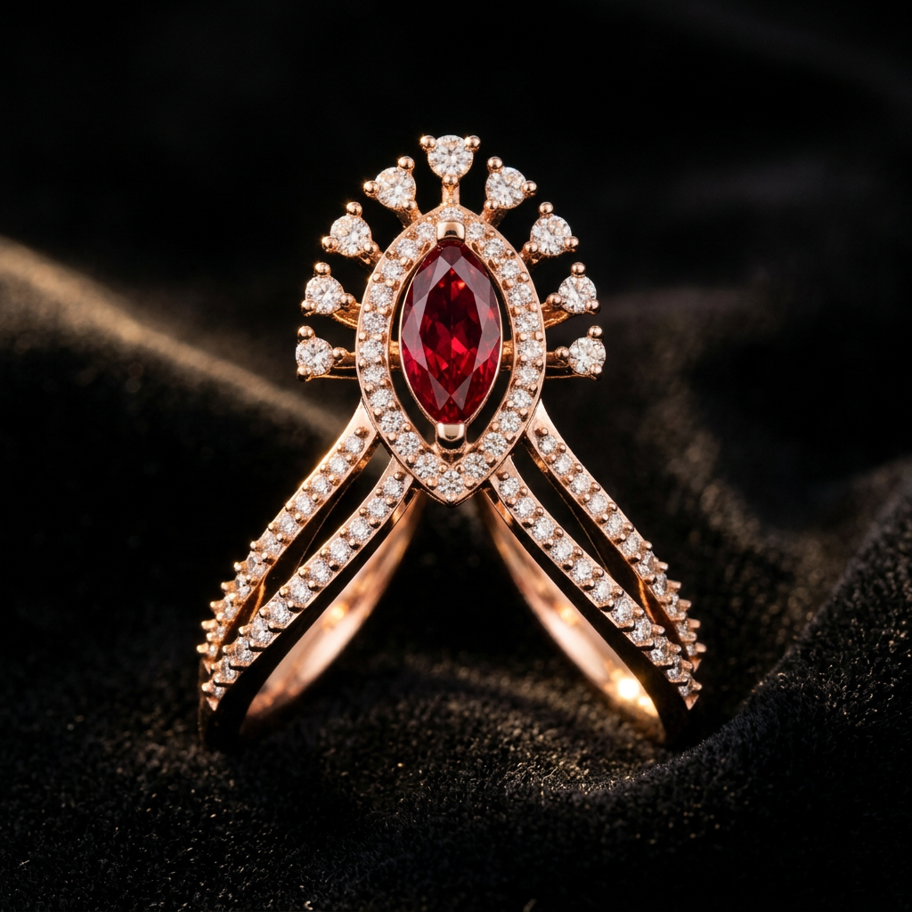 The Rani Marquise — marquise ruby ring with diamond crown halo, 18kt rose gold