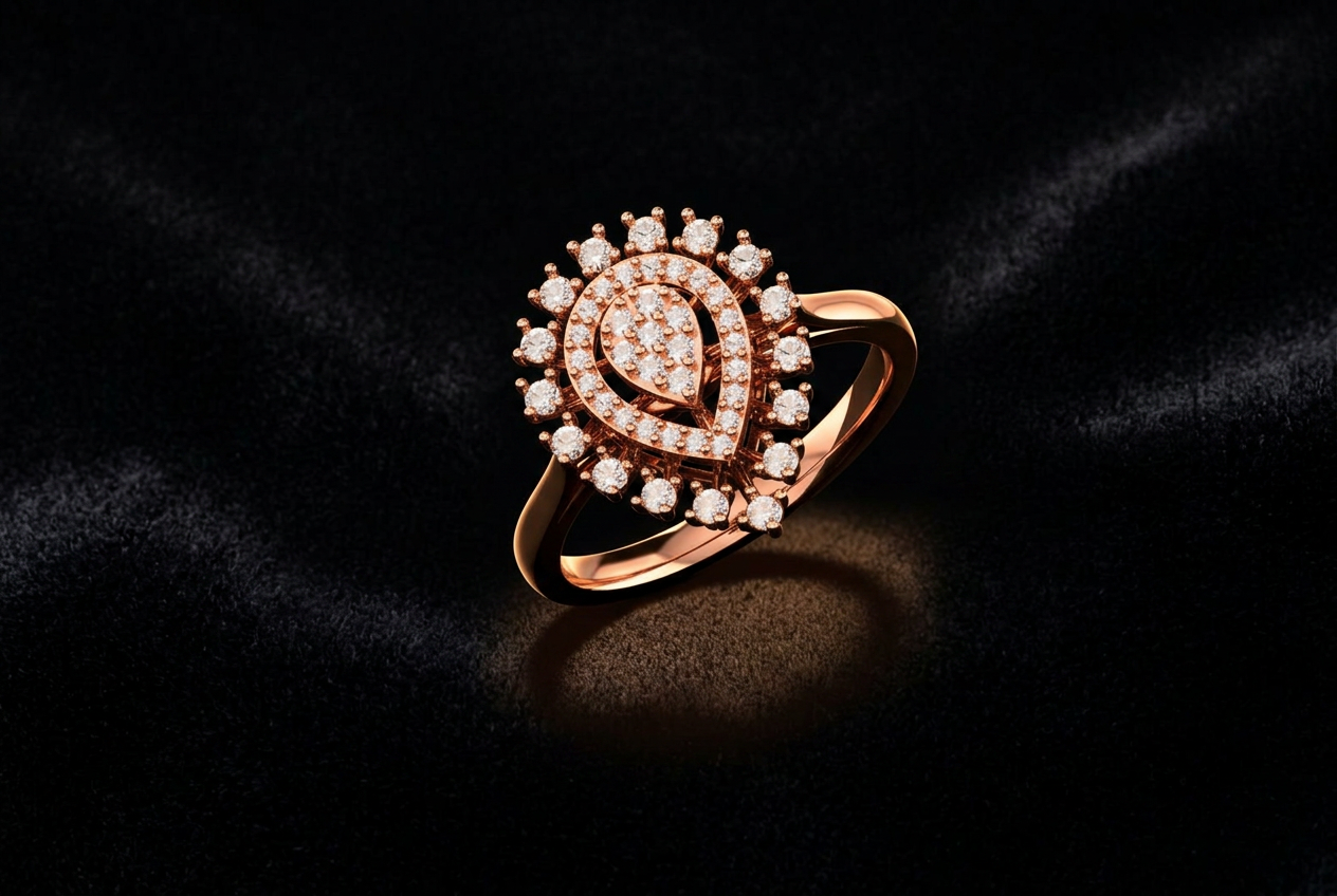 The Boondi Pear Halo — pear diamond cluster ring with starburst halo, 18kt rose gold