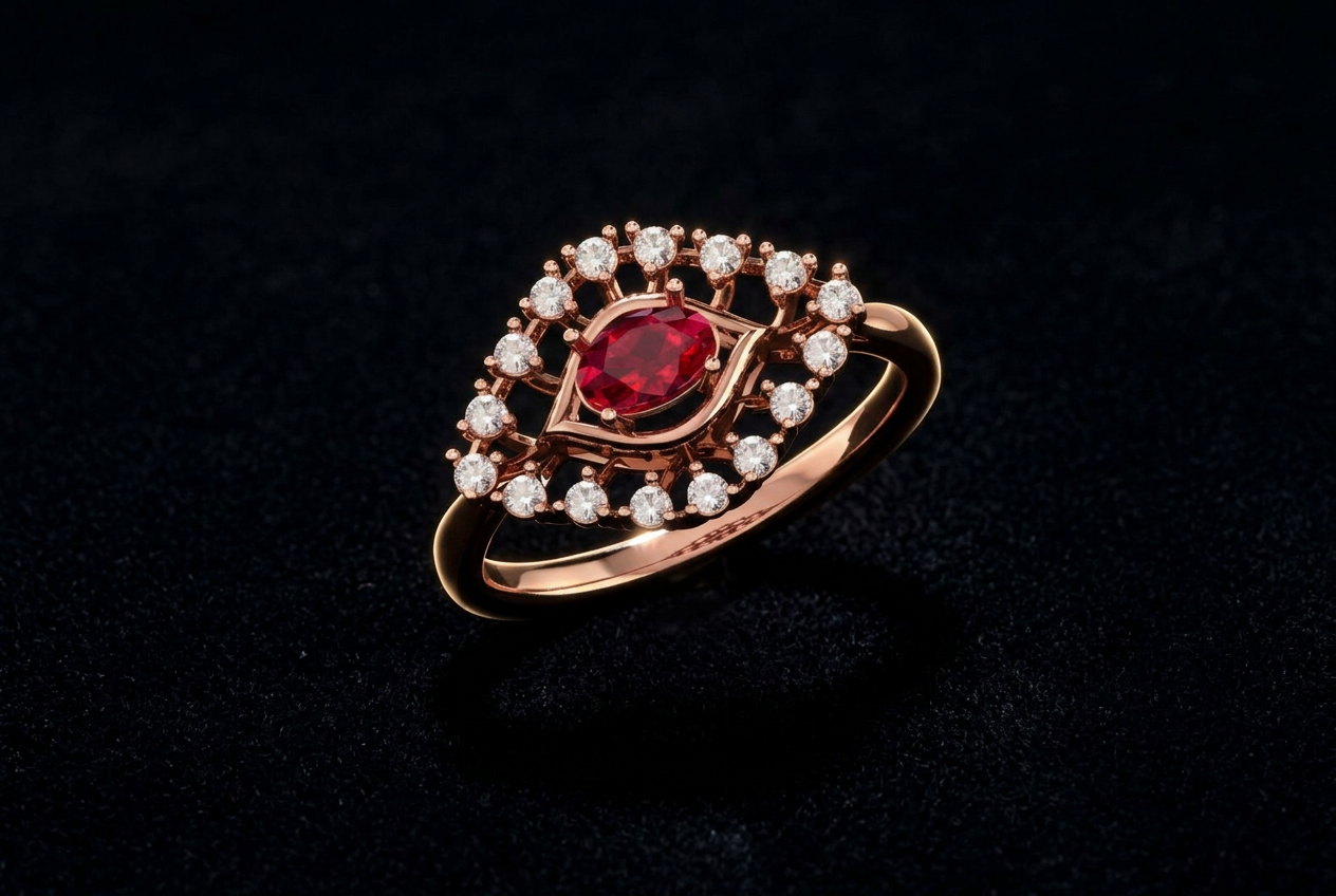 The Padmini Ruby — oval ruby ring in diamond openwork halo, 18kt rose gold