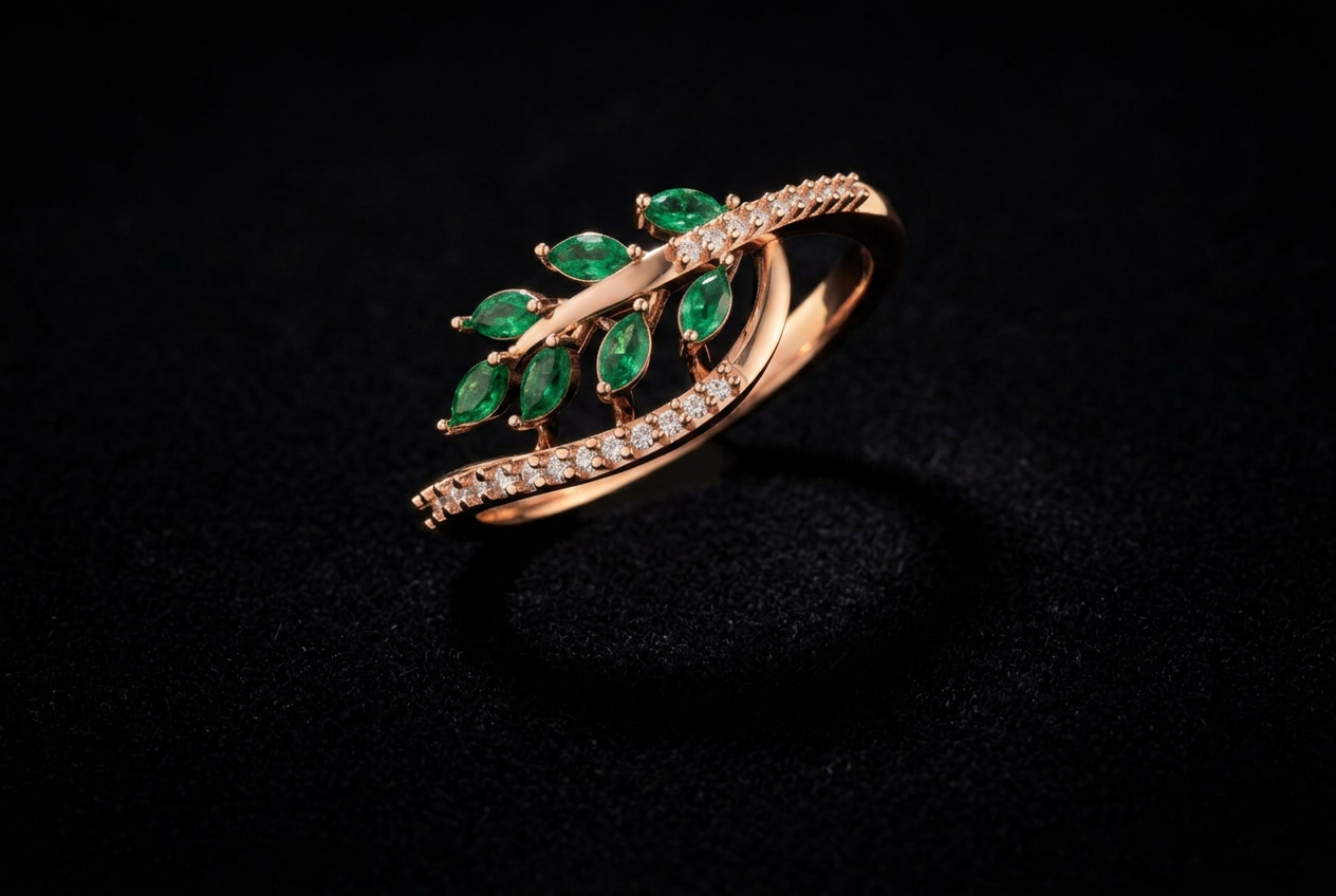 The Bel Patta Vine — marquise emerald leaf ring on pavé twist shank, 18kt rose gold