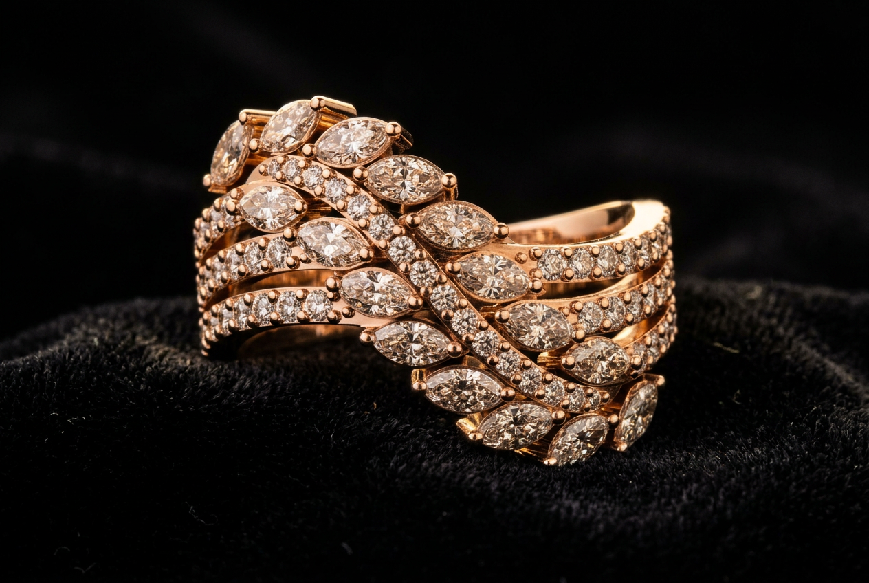 The Vaijayanti Statement — multi-row marquise diamond wave band, 18kt rose gold