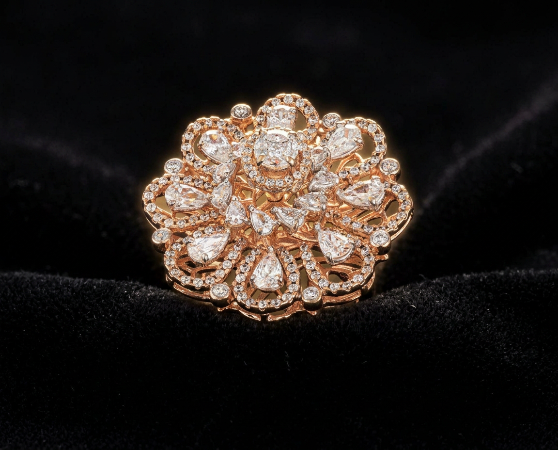 The Gulmohar Bloom — pear diamond floral cocktail ring, 18kt rose gold