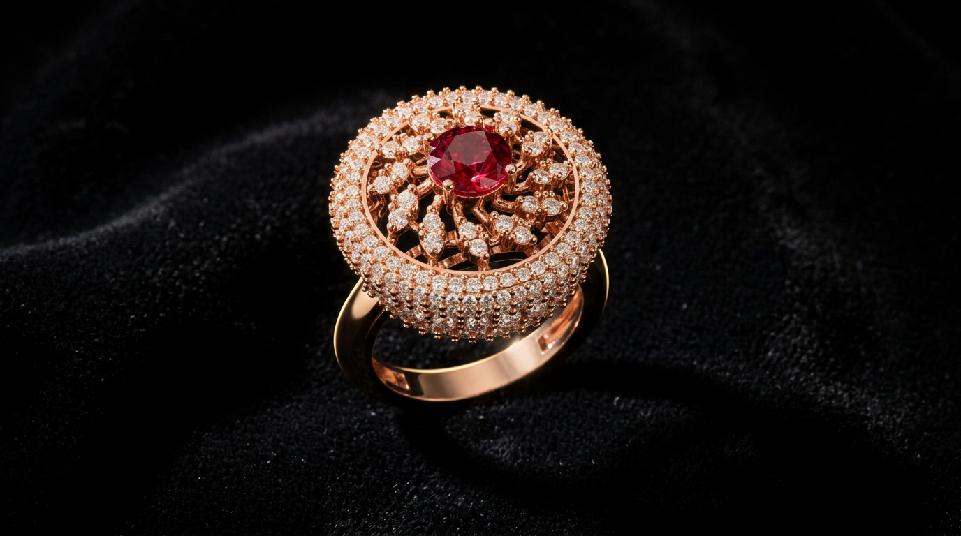 The Laal Kiran — ruby cocktail ring with diamond dome halo, 18kt rose gold