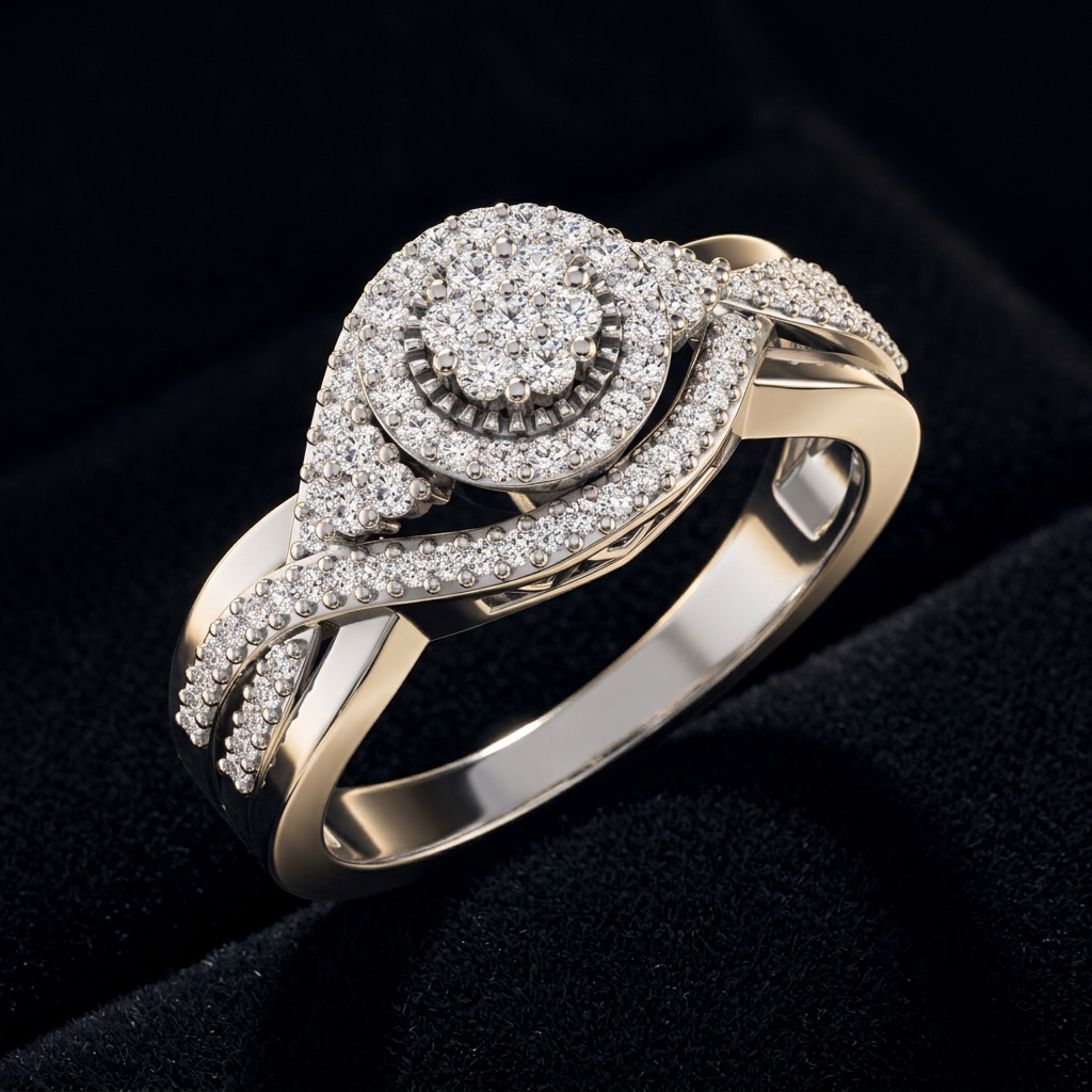 The Shvet Tara — white gold diamond twist halo ring with cluster centre