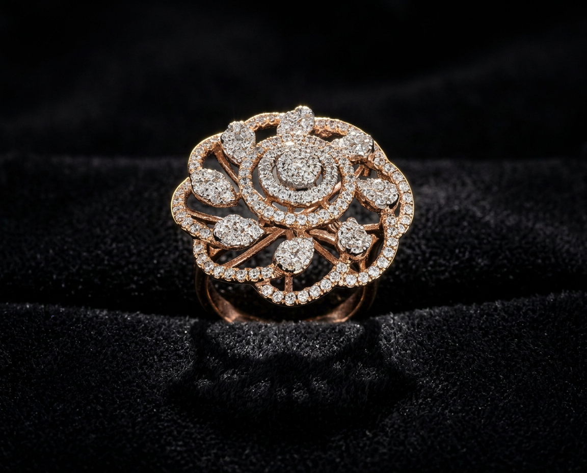 The Noor Gulab — rose openwork floral diamond ring, 18kt rose gold