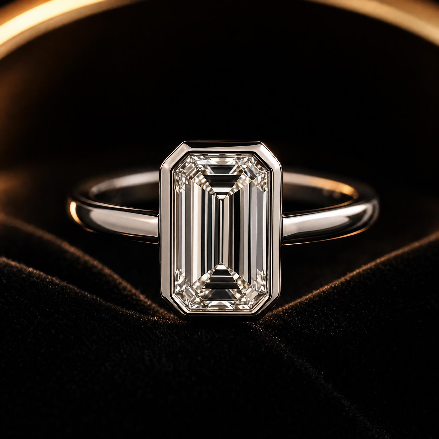 The Sheesh Mahal Solitaire — emerald-cut bezel diamond ring in polished platinum