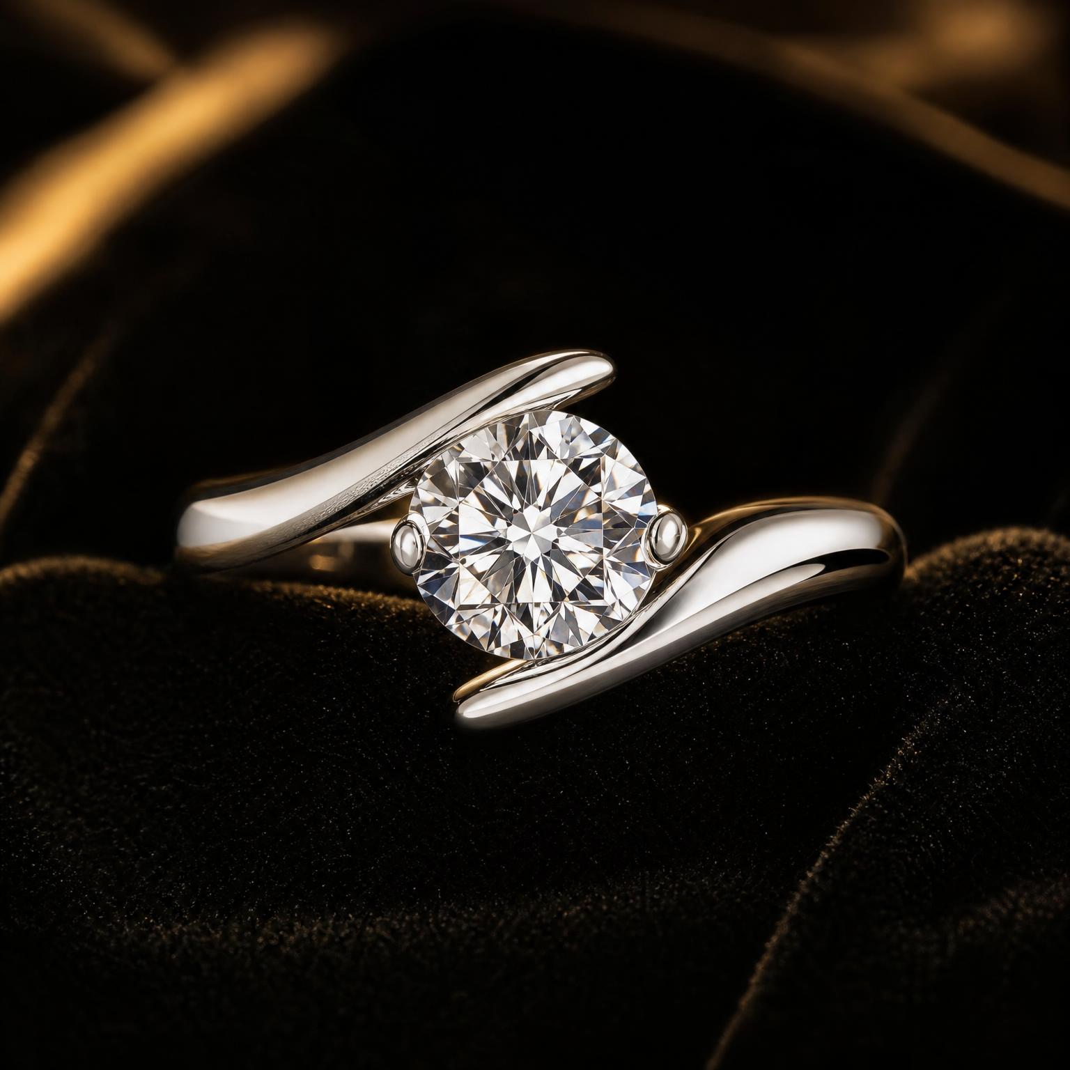 The Noor Arc Solitaire — bypass twist round diamond solitaire ring, polished platinum