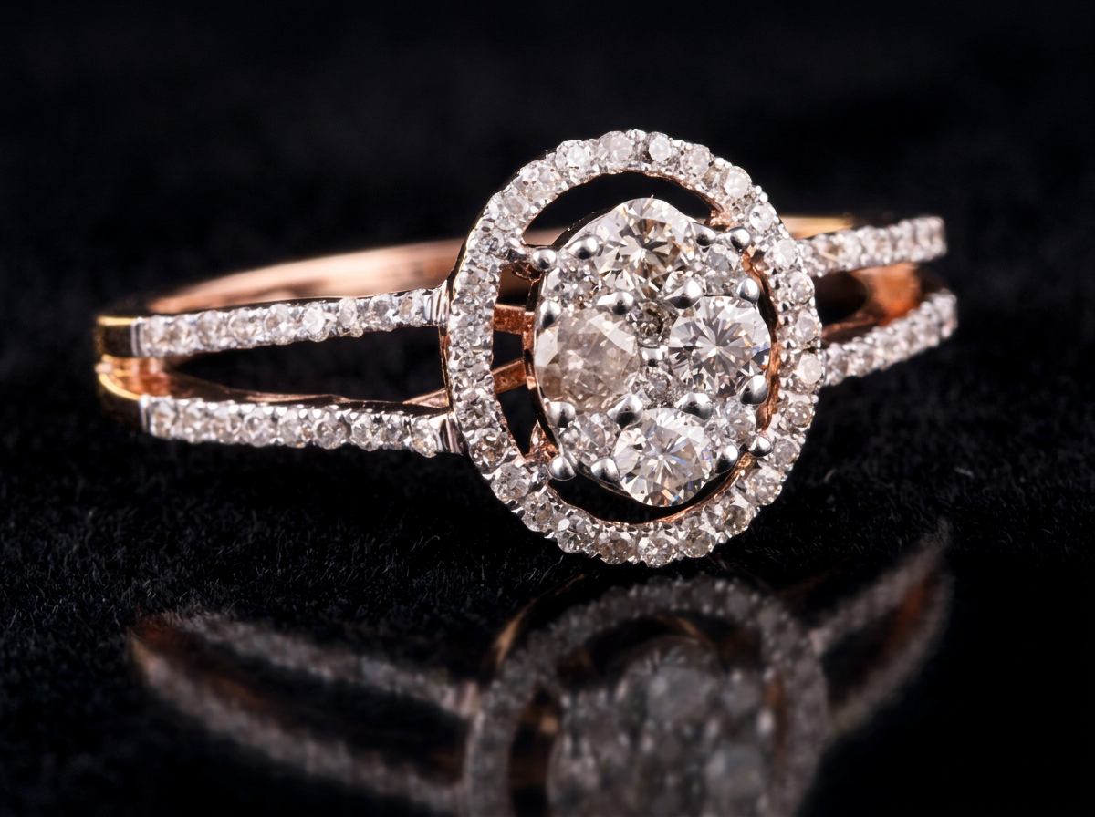 The Nirali Oval — oval diamond cluster ring with split shank halo, 18kt rose gold