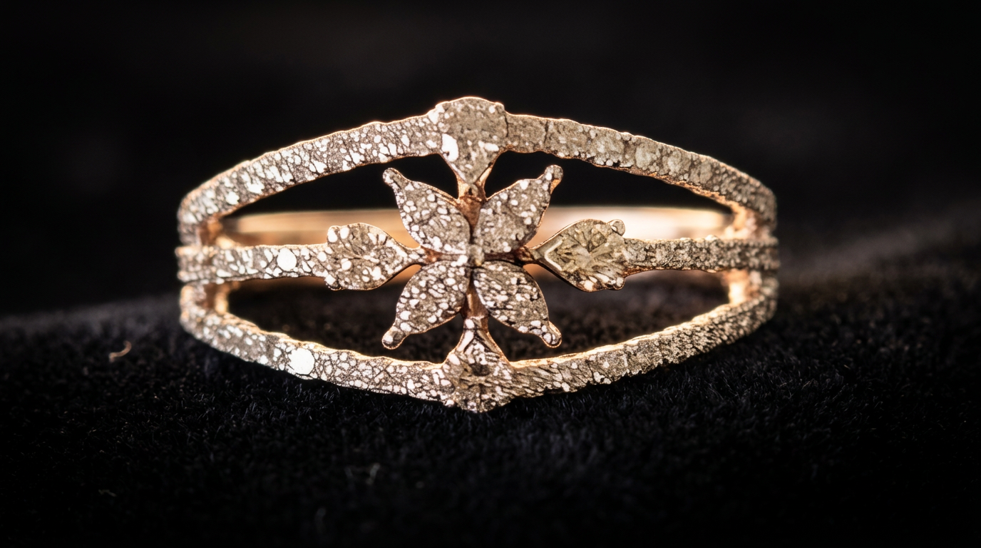 The Pushpanjali Band — diamond floral openwork ring on split shank, 18kt rose gold