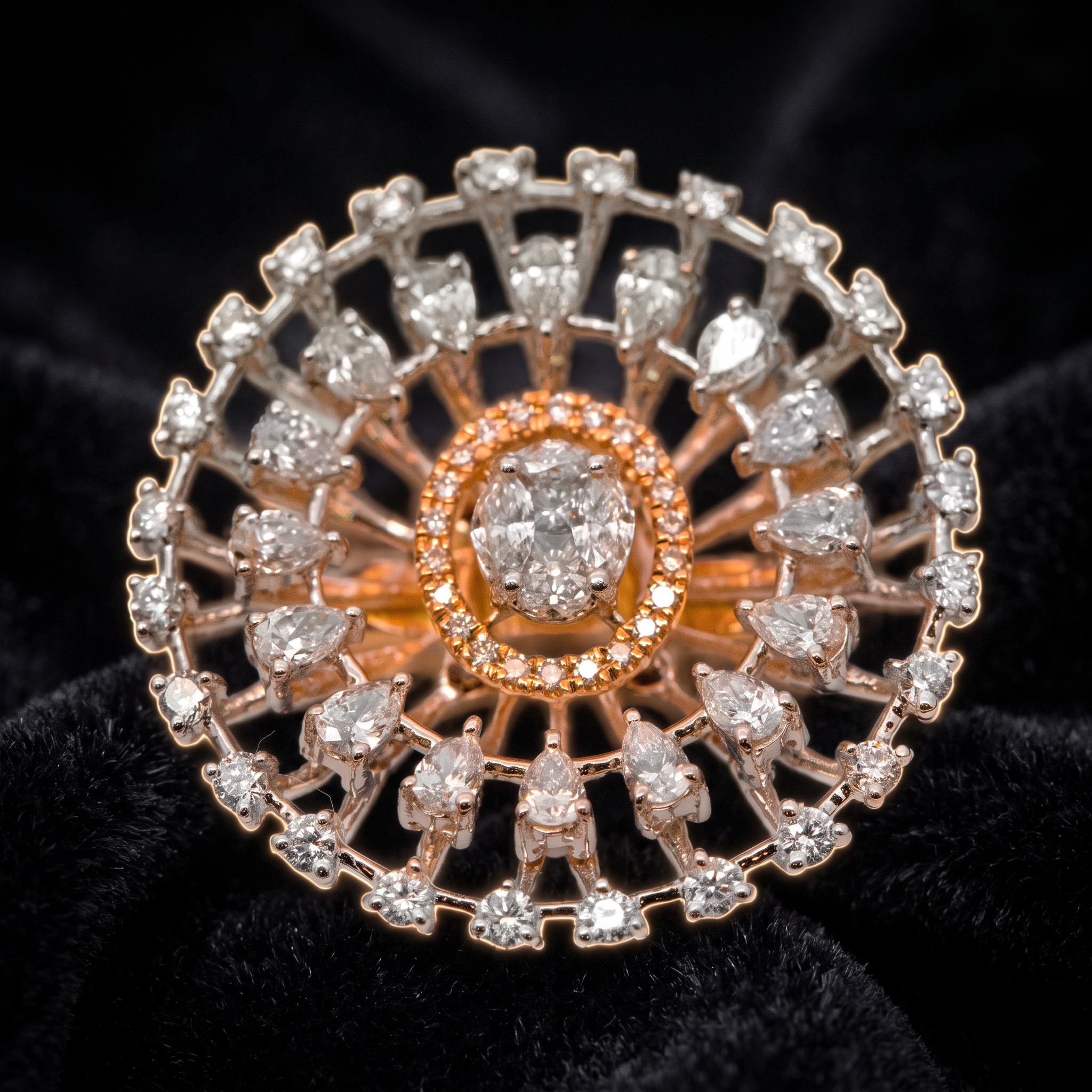 The Charkha Cocktail — oval diamond domed cocktail ring with pear-cut spokes, two-tone gold
