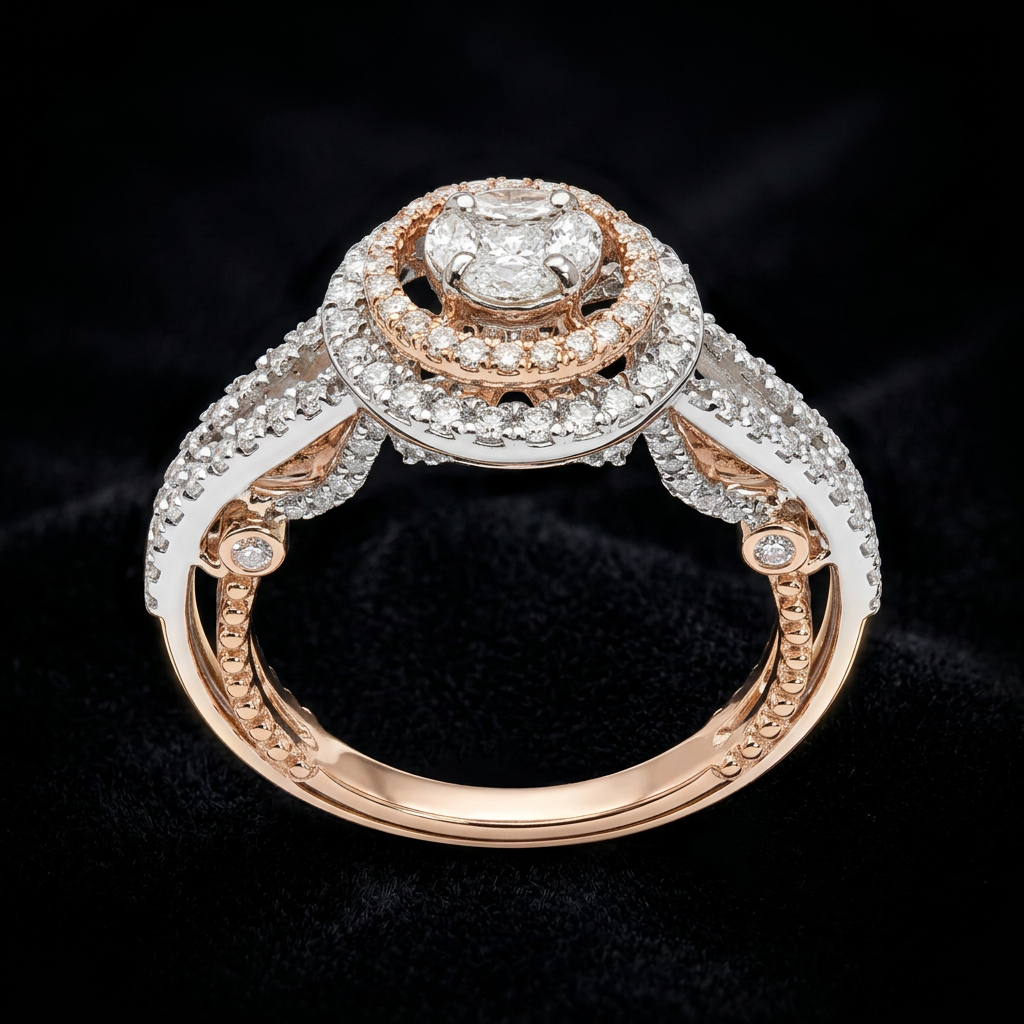 The Kanika Halo — double halo round brilliant diamond ring, two-tone rose & white gold