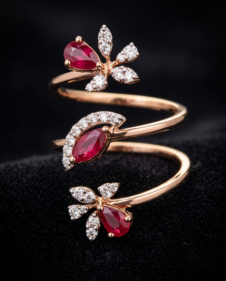 The Lalima Wrap — pear and marquise ruby wrap ring with diamond leaves, 18kt rose gold