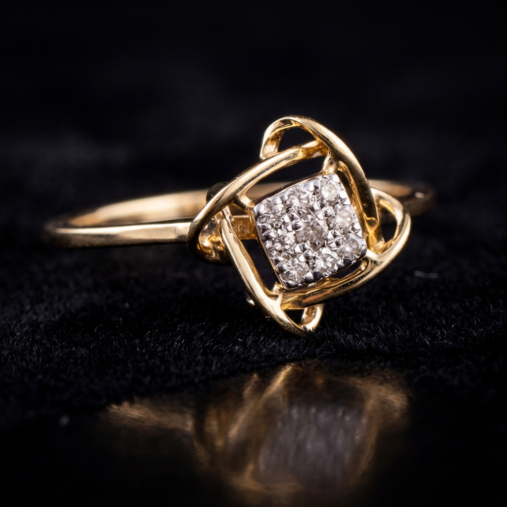 The Bandhan Knot — interwoven gold cage ring with pavé diamond centre, 18kt yellow gold