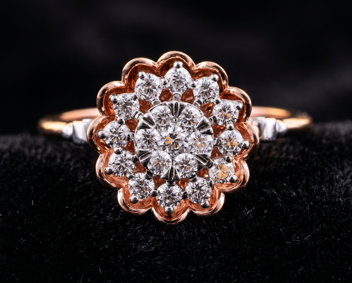 The Sooraj Bloom — scalloped petal halo diamond cluster ring, 18kt rose & white gold