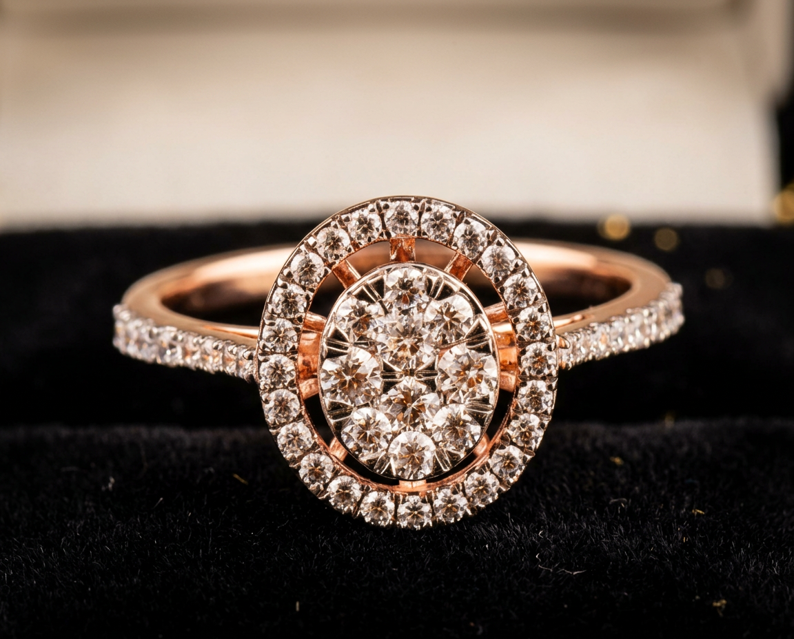 The Neela Oval Halo — oval diamond cluster with floating halo, pavé shank, 18kt rose gold