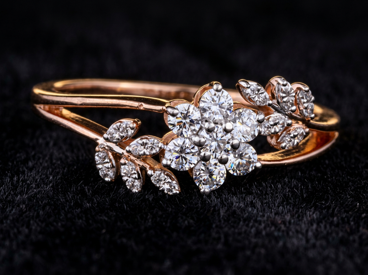 The Vasant Vine — diamond blossom and leaf motif ring, 18kt rose & white gold